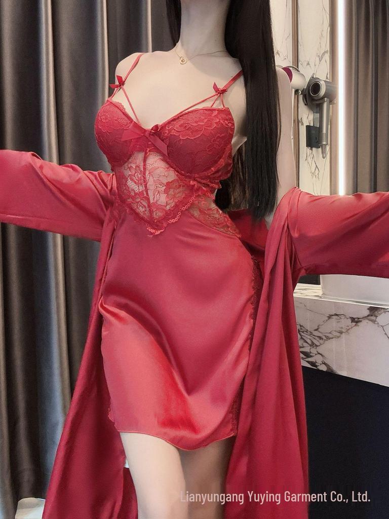 Women's Sexy Lace Nightgown & Robe Set with Spaghetti Straps and Bra Pads