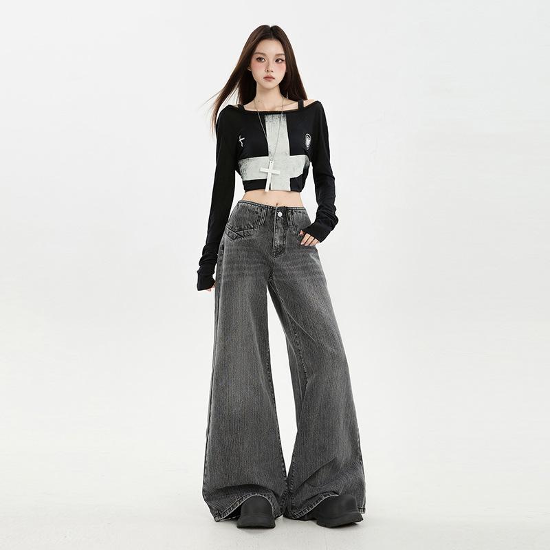 Gray slightly pulled jeans women's autumn and winter new high waist loose and thin versatile pants without legs flared pants