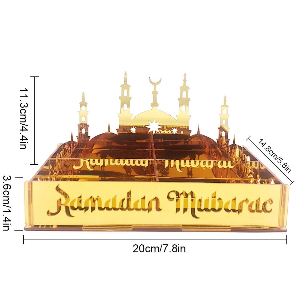 Ramadan Tray Eid Mubarak Serving Tray Hollow Palace Acrylic Mirror Tray Fruit Plate Tableware Dessert Platters DIY Display Holder Ramadan Decor