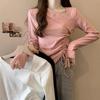 Women's Plus Size Irregular Drawstring Long Sleeve T-Shirt - Slimming Autumn 2025 Base Layer Design