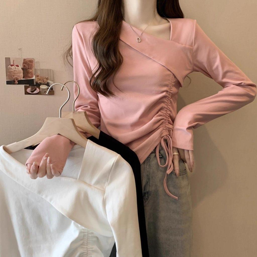 Women's Plus Size Irregular Drawstring Long Sleeve T-Shirt - Slimming Autumn 2025 Base Layer Design