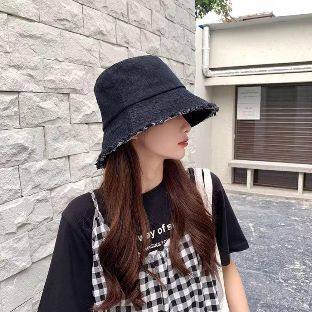 Tassel Denim Fisherman Hat Wide Brim Summer Sun Hat Punk Washed Denim Bucket Hat  Climbing