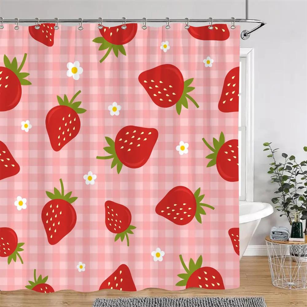 Třešeň Jahoda Citron Broskev Ovocný Potisk Sprchový Závěs Polyesterová Tkanina Dětské Koupelnové Závěsy Koupelnová Dekorace S Háčky