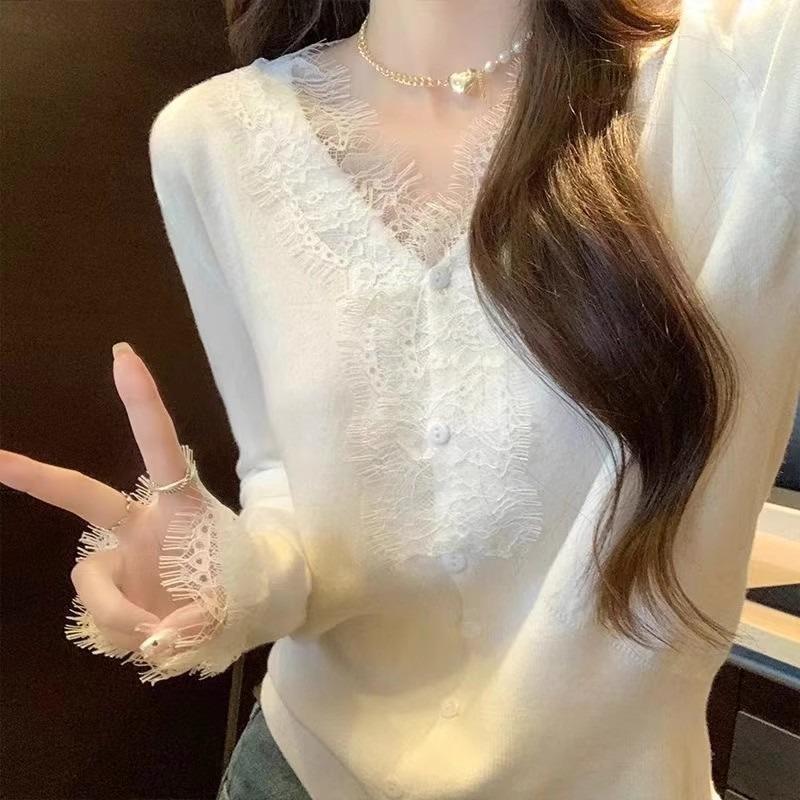 Pure Desire Collar Lace Splicing Knitted Cardigan Women's Spring Sweet and Spicy Versatile Bottoming Shirt with Sweater Inside