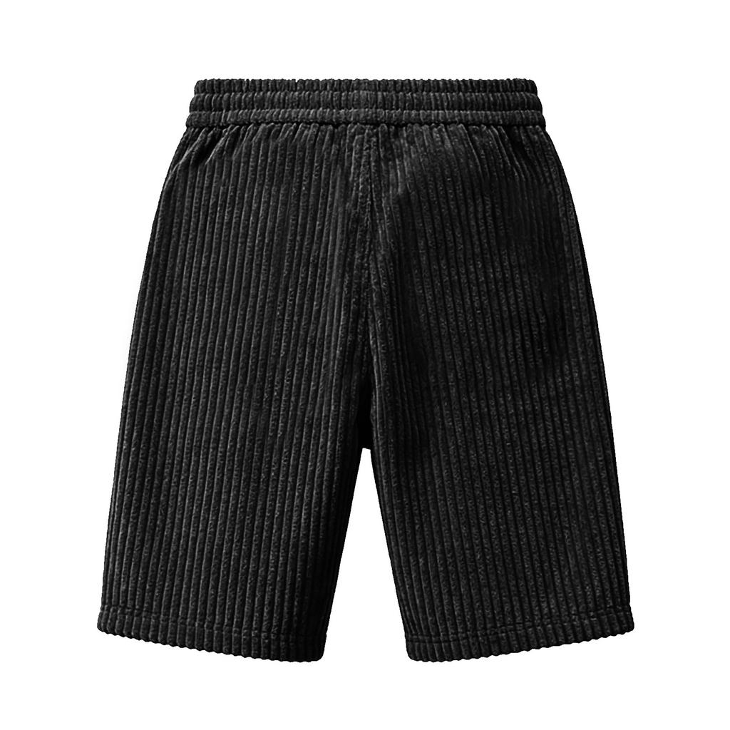 Men Corduroy Shorts Casual Loose Fit Elastic Waistband Drawstring Ribbed Texture Patch Pocket Design Summer Wear