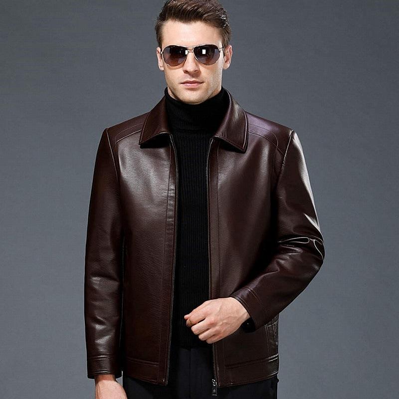 Echte Lederjacke Herren Schaffell Winter Plüsch und verdicktes Revers Lederjacke mittleren Alters Motorradjacke