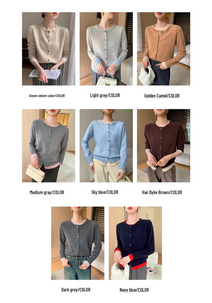 Color-Block Cashmere Cardigan: Women's Round Neck Loose Slimming Wool Knit Sweater for Autumn and Winter