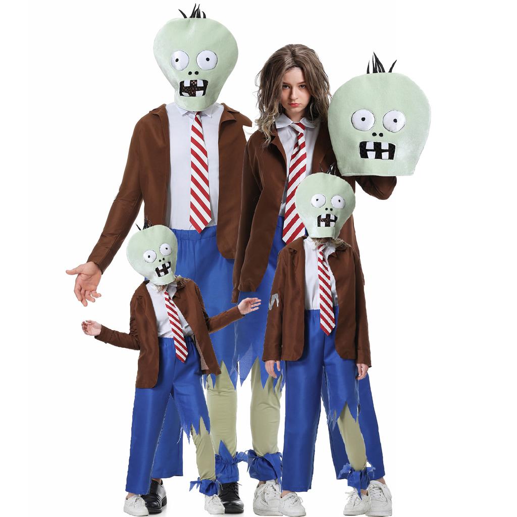Rostliny vs. Zombie antropomorfní panenky, kostýmy rodičů a dětí, dívčí halloweenské kostýmy cosplay na jevišti