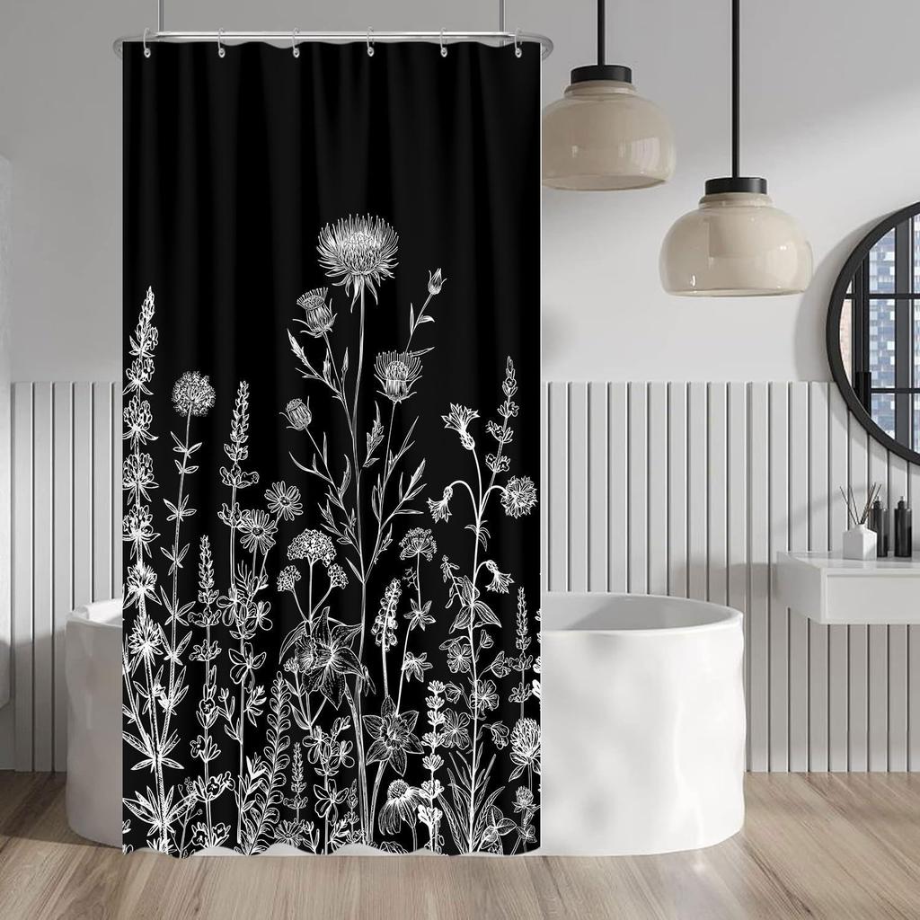 Vintage Boho Floral Shower Curtain, Cute Retro Bohemian Flower Botanical Aesthetic Decorative Shower Curtain Set with Hooks