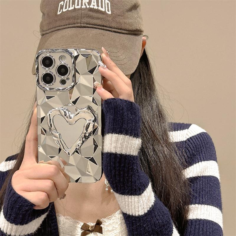 Luxury 3D Diamond-patterned Plated Love Stand Case for iPhone 15 Pro Max 14 Plus 13 12 11 7 8Plus SE 2020 All-inclusive Fall Protection Cover