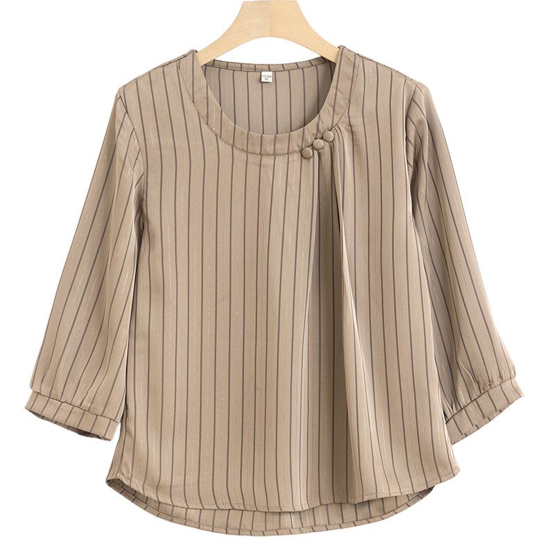 Striped Round Neck Seven-Sleeve Top for Women: Stylish, Slimming, Age-Reducing, Perfect for Middle-Aged and Elderly Mothers