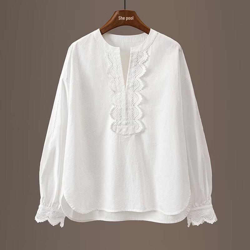 Women's Lace Hollow Spliced White Long Sleeve Shirt
