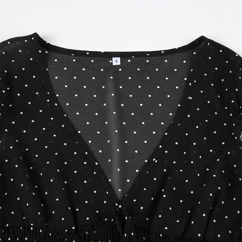 Korean Style Sheer Polka Dot V-Neck Mesh Top with Waist-Cinching Short Sleeves
