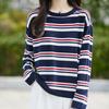 Herbst Neu Rundhals Gestrickter Pullover Langarm Damen Marineblau Farbkombination Gestreift Locker Pullover Wolle Unterhemd