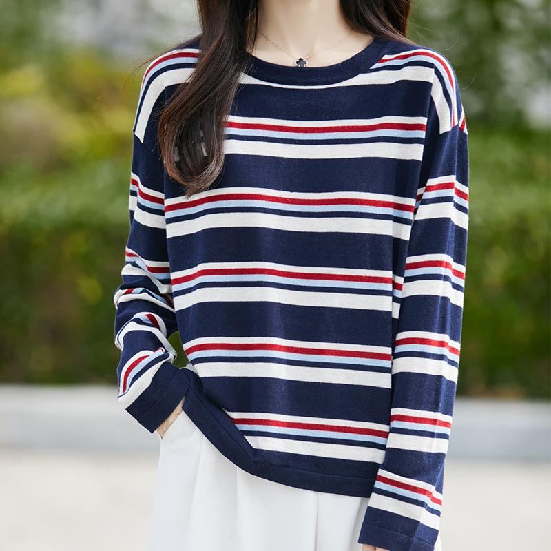 Autumn New Crew Neck Knitted Sweater Long Sleeve Women'S Navy Blue Color Matching Striped Loose Pullover Wool Bottoming Shirt
