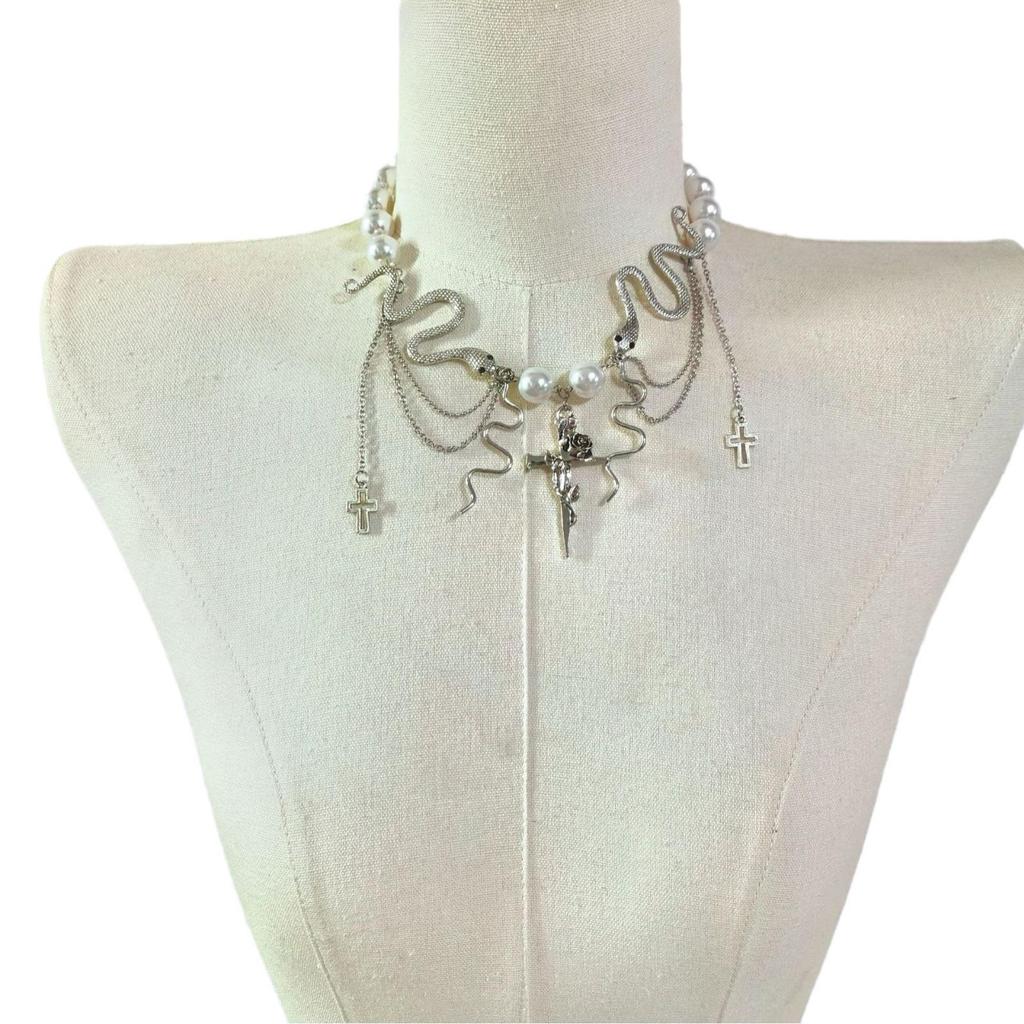 Pearl Snake Tassel Cross-Stitch Choker Necklace - Light Luxury Sweet Clavicle Chain
