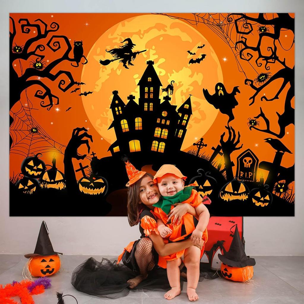 Avezano Halloween Backdrop Horror Moon Night Halloween Backgrounds for Parties Haunted Castle Scary Party Decoration, Orange 7 x