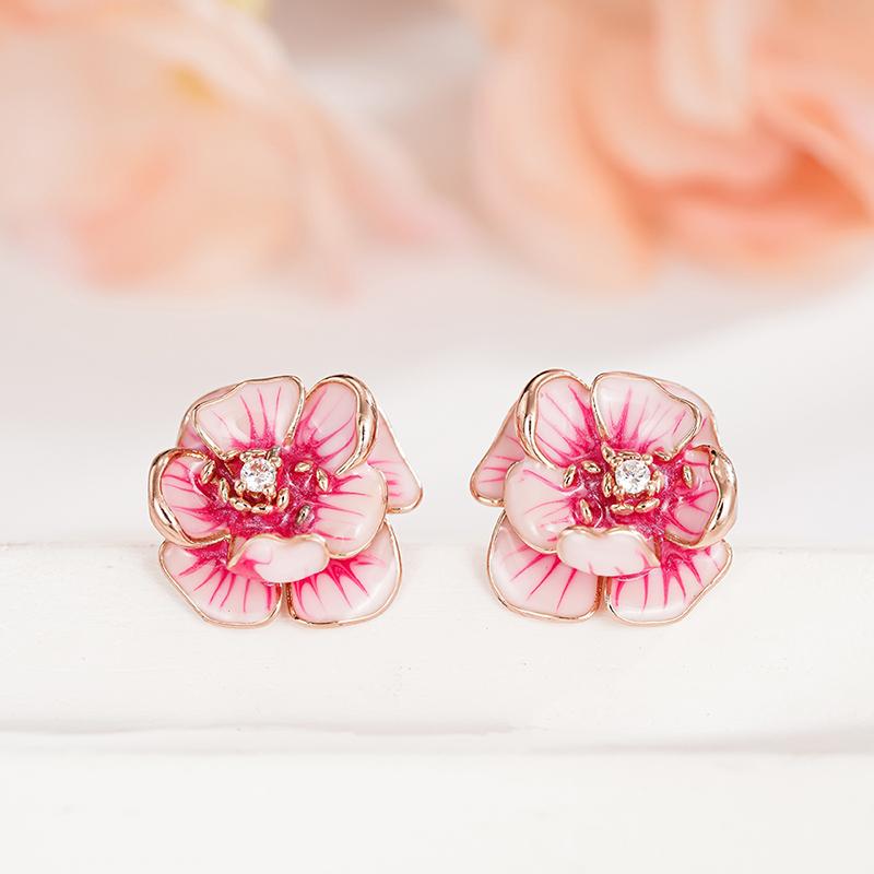 Huitan Romantic Pink Flower Stud Earrings for Women Modern Graceful Piercing Party Zircon Exquisite Temperament Accessories Hot