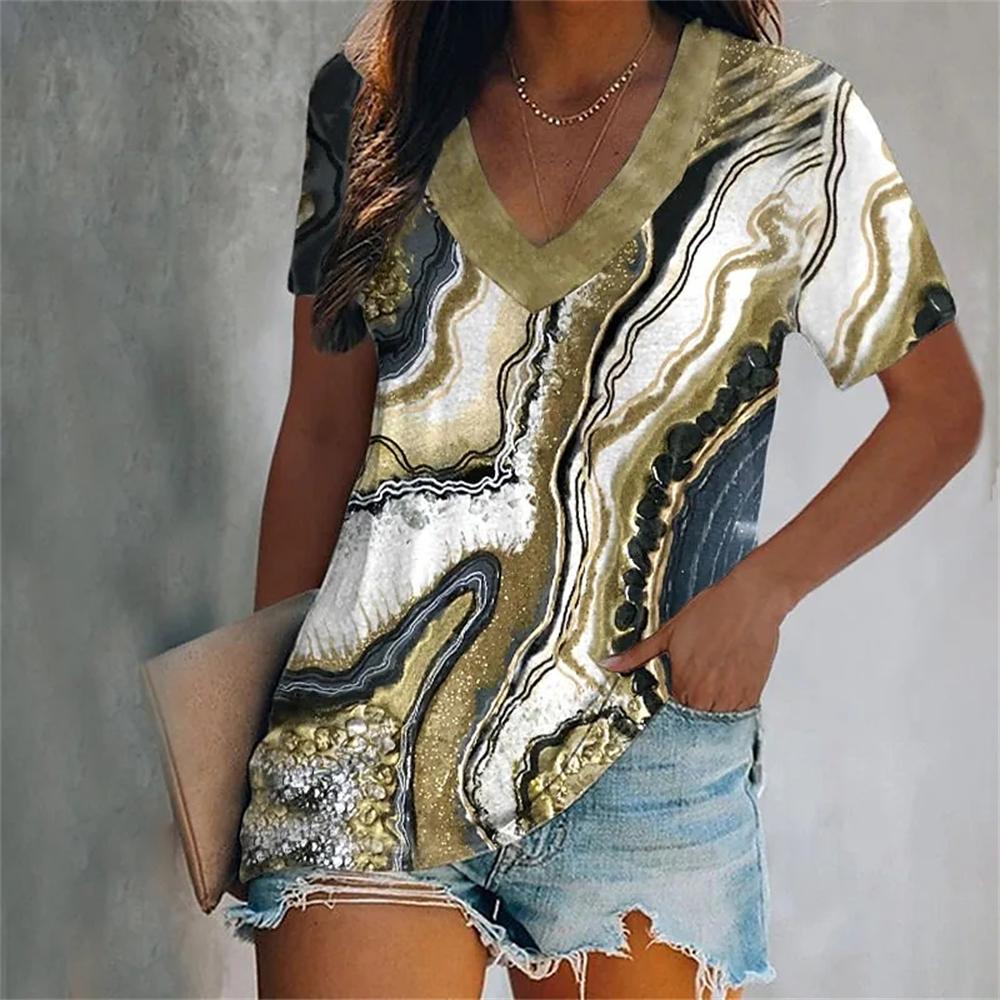 

Color Tassel Printed T-shirt Fashion Ladies Short-sleeved V-neck 2025 Summer Casual and Elegant 5XL