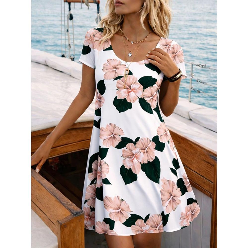 Vestidos Casuais Femininos de Verão e Primavera com Estampa Floral, Manga Curta e Gola Redonda