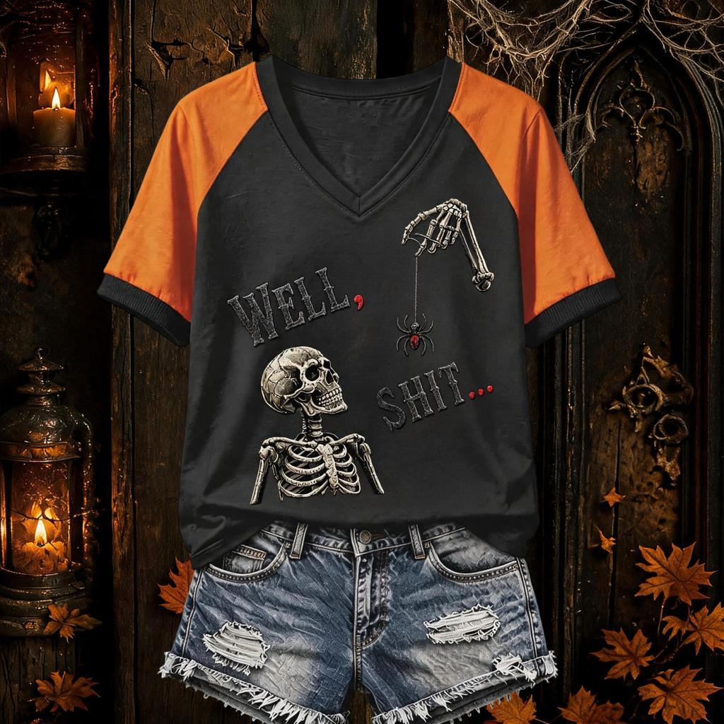 Women's Halloween Themed Raglan Short Sleeve T-Shirt for Party and Everyday Wear