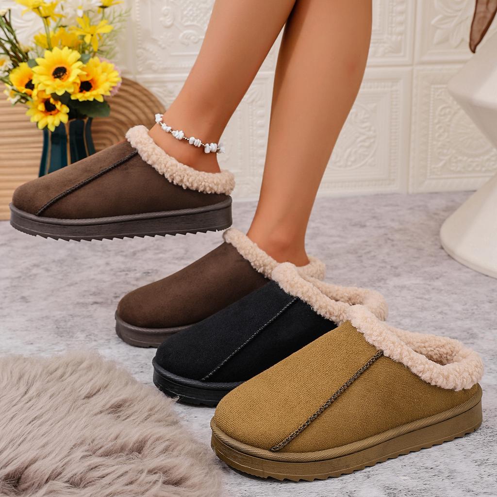 Fashion Round Head Sexy Comfortable Non-slip Casual Flat Slippers Winter Suede Thick Sole Large Size Cotton Drag for Women