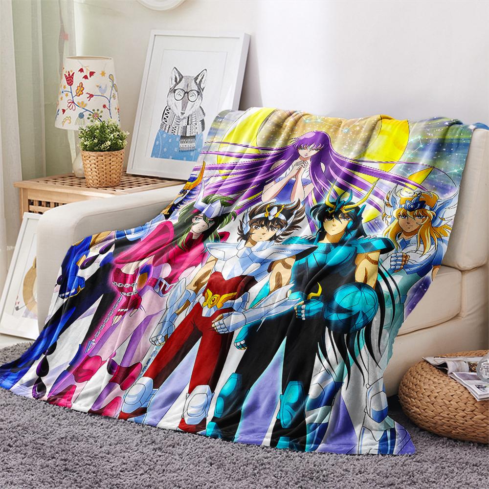 1Pc Saint Seiya Print Flannel Blanket, High quality Comfortable for All Seasons, Home Decor, Warmth and Comfort, Perfect for Christmas Gifts