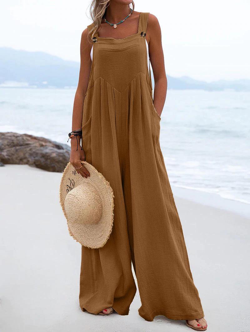 

Ethnic Style Fashion Buttons Solid Color Wide Leg Women s Jumpsuit XL верблюд