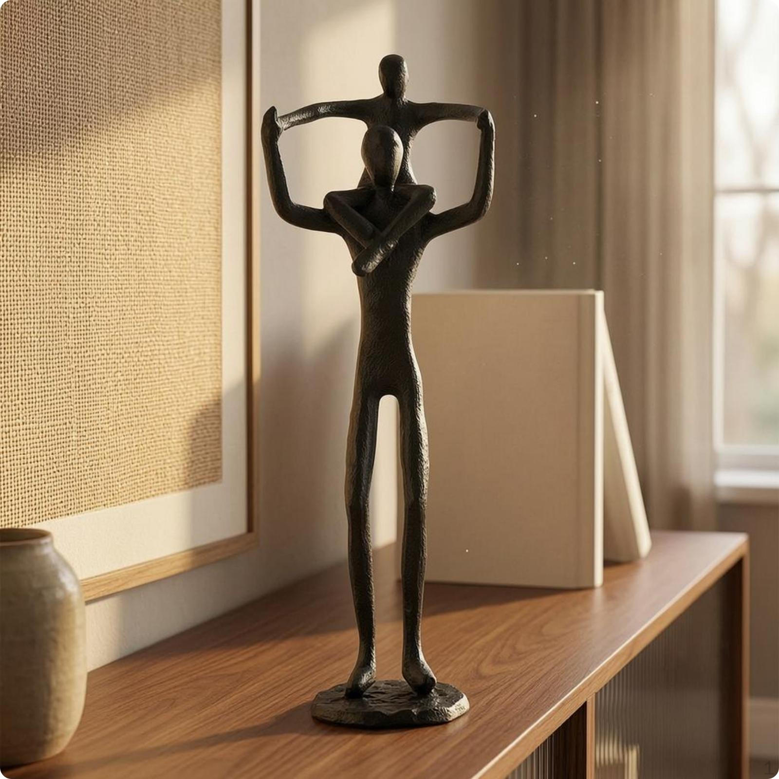 Abstract Family Sculpture Textured Surface Black Metal Figurine Elongated Cast Ornament Father