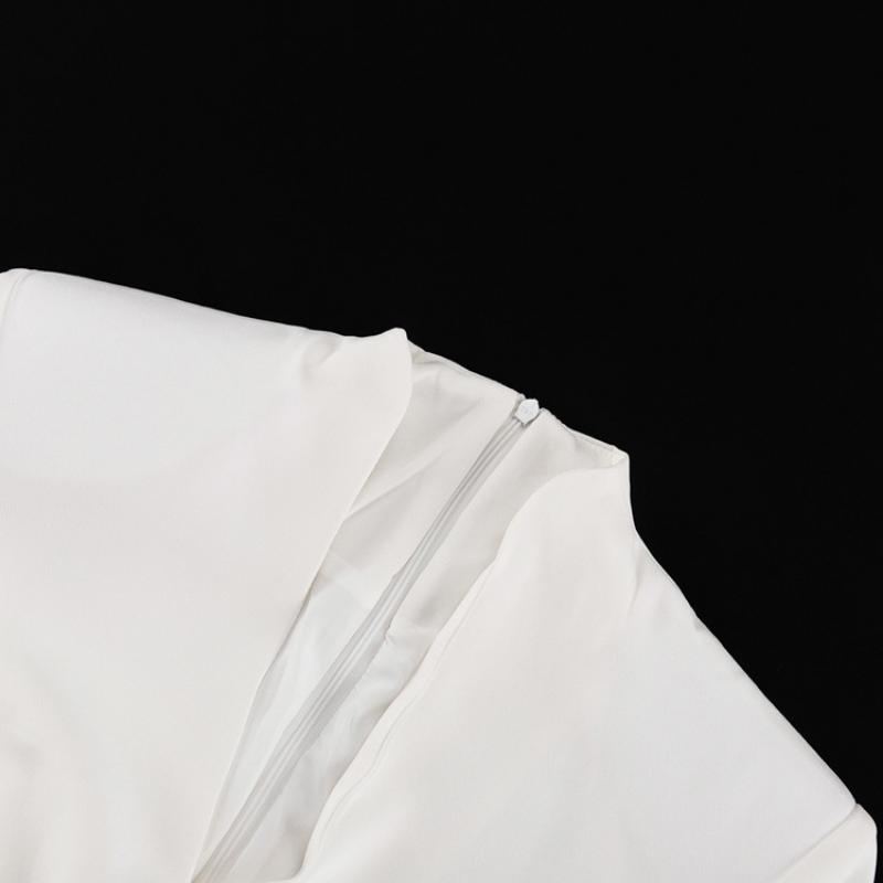 Women's White Stand Collar Deep V Neck Long Sleeve Maxi Dress Button Front High Slit Bodycon Elegant Formal Evening Party Wedding Guest Gown