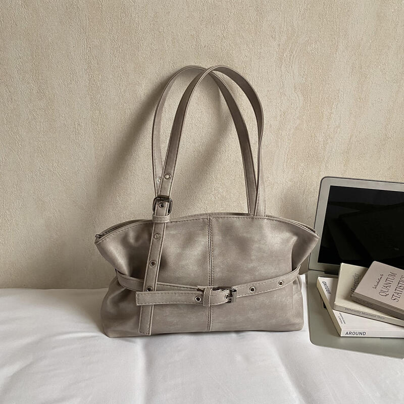 Faux Leather Tote Bag for Women with Belt Detail Fashion Shoulder Handbag Casual Everyday Use