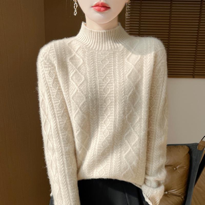 Women's High-Neck Diamond Pattern Knit Pullover Sweater, 2024 Autumn/Winter, Loose Fit, Thickened Short Base Layer