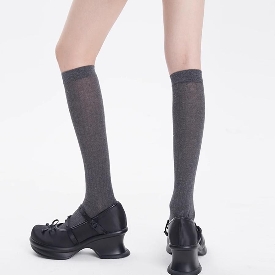 Women's simple knitted mid-calf socks, spring/summer thin vertical striped stacked socks jk Gray socks in ballet style