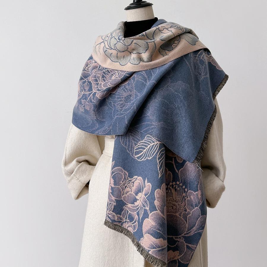 Vintage-Inspired for Lotus Print Scarf - Thick Warm Polyester Shawl for Women, Black & Cream Auspicious Design, Perfect for Winter Cold Weather