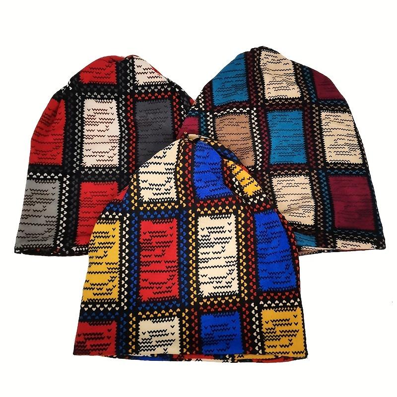 Autumn & Winter Vintage Printed Beanie - Classic Color Block Elastic Slouchy Skull Cap Boho Neck Gaiter Windproof for Women Men