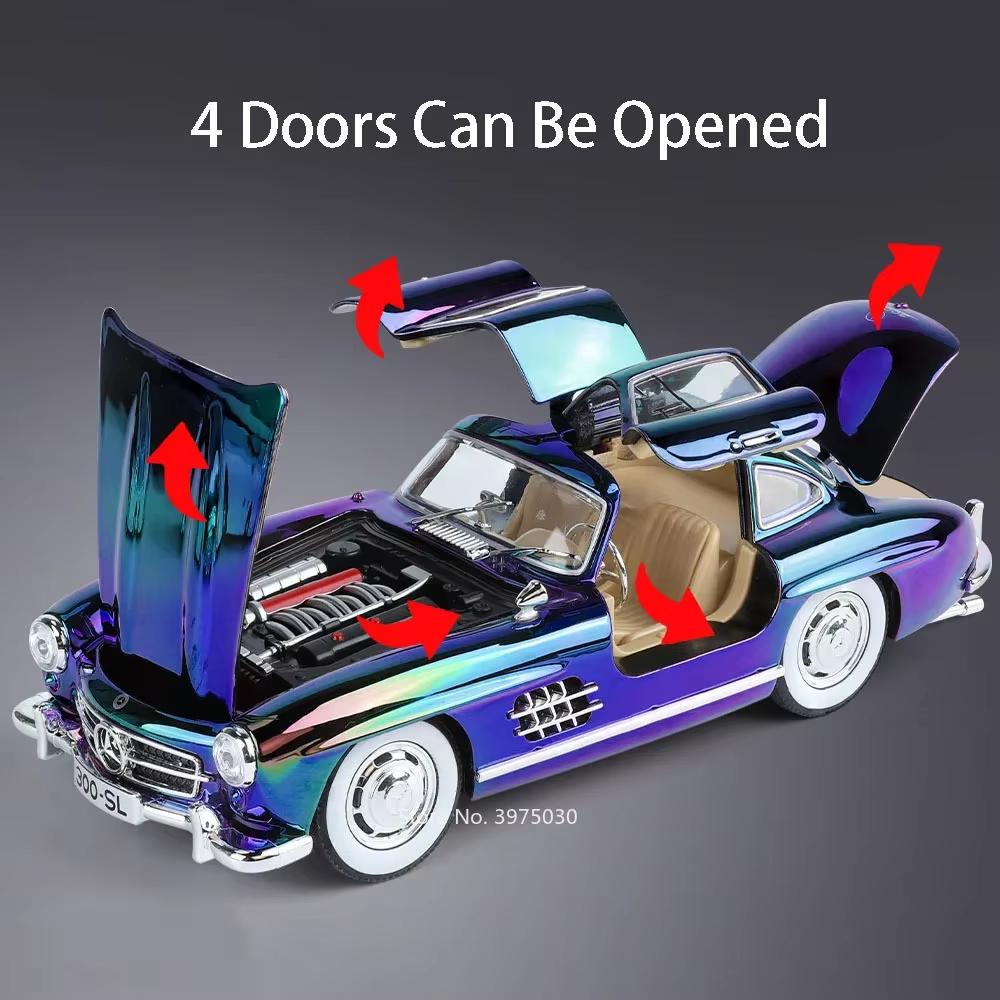 Nové 1:Miniaturní model retro auta 300SL z hliníkové slitiny v měřítku 1:24, otevíratelné 4 dveře, zvukové a světelné efekty, dárek ke Dni dětí