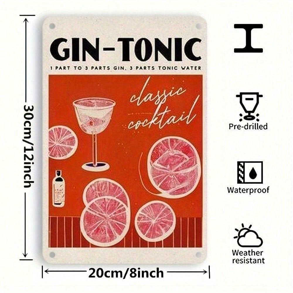 Vintage Gin Tonic Cocktail Recipe Rusty Look Metal Wall Sign Bar Decor Tin Plaque