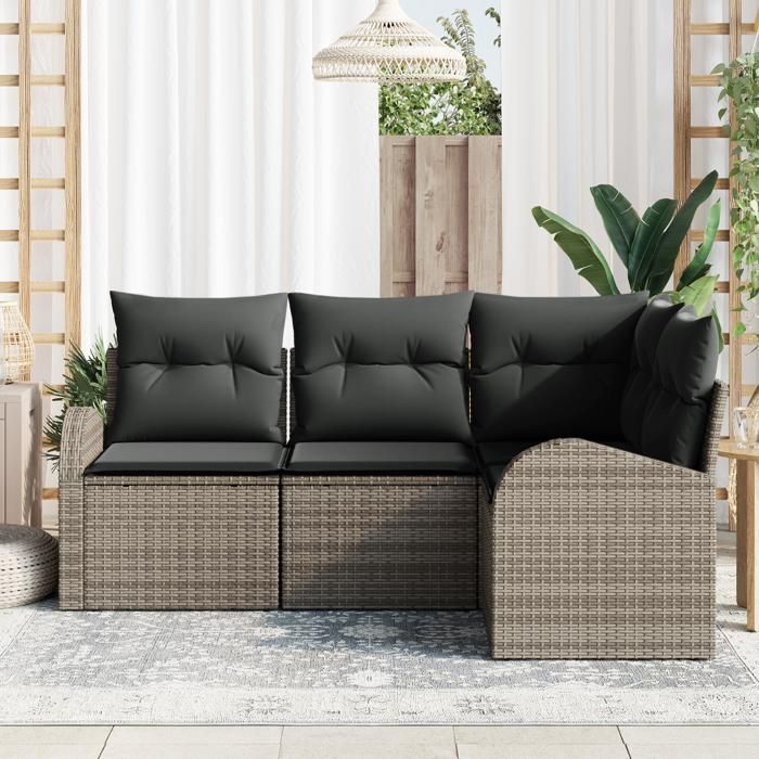 VidaXL Ensemble de Canapé de Jardin 4 Pièces avec Coussins Gris Rattan Poly 3346019