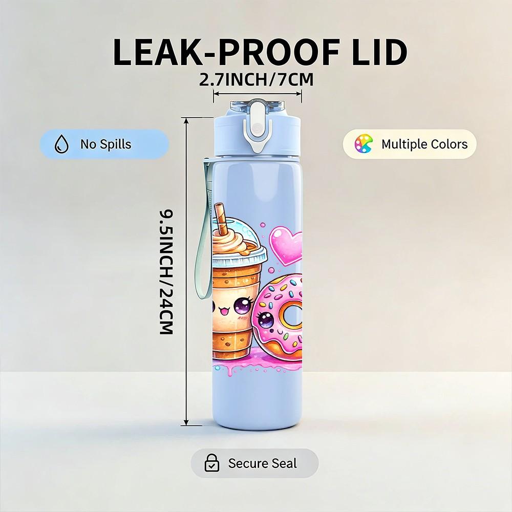 1PC Sweet Drink Donut Dessert Cartoon Print 750ml Color Plastic Sports Water Bottle Leakproof Flip Straw Lid Suitable for Sports Office Home Use