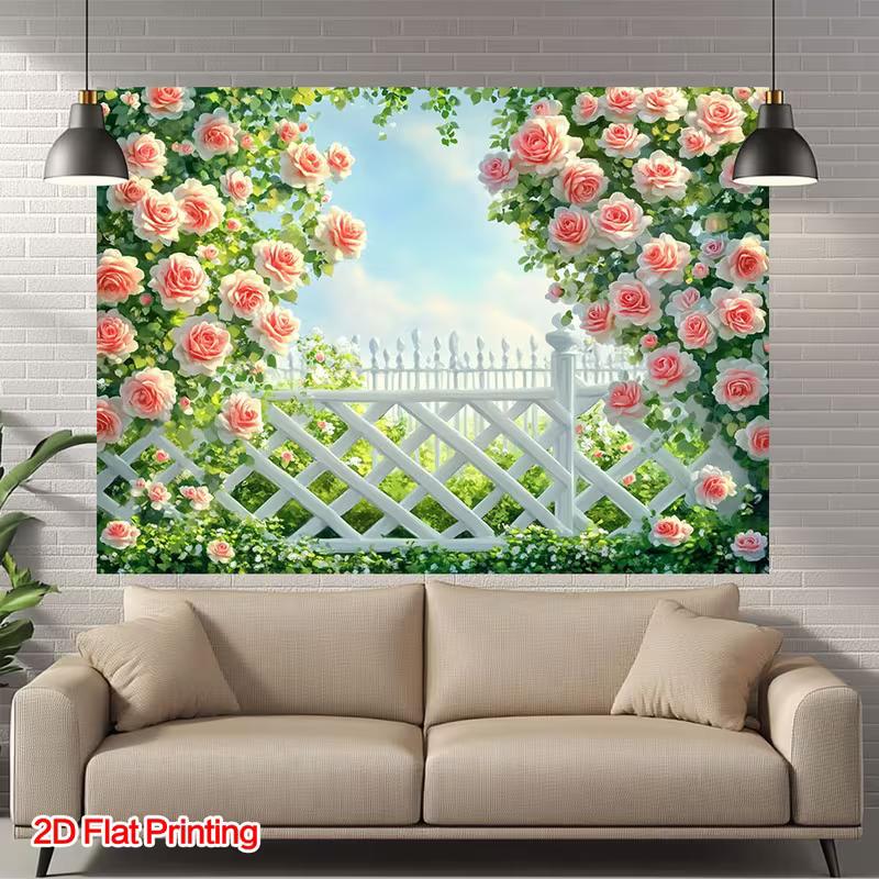 2D Romantic Rose Arbor Tapestry, Blooming Roses with White Picket Fence