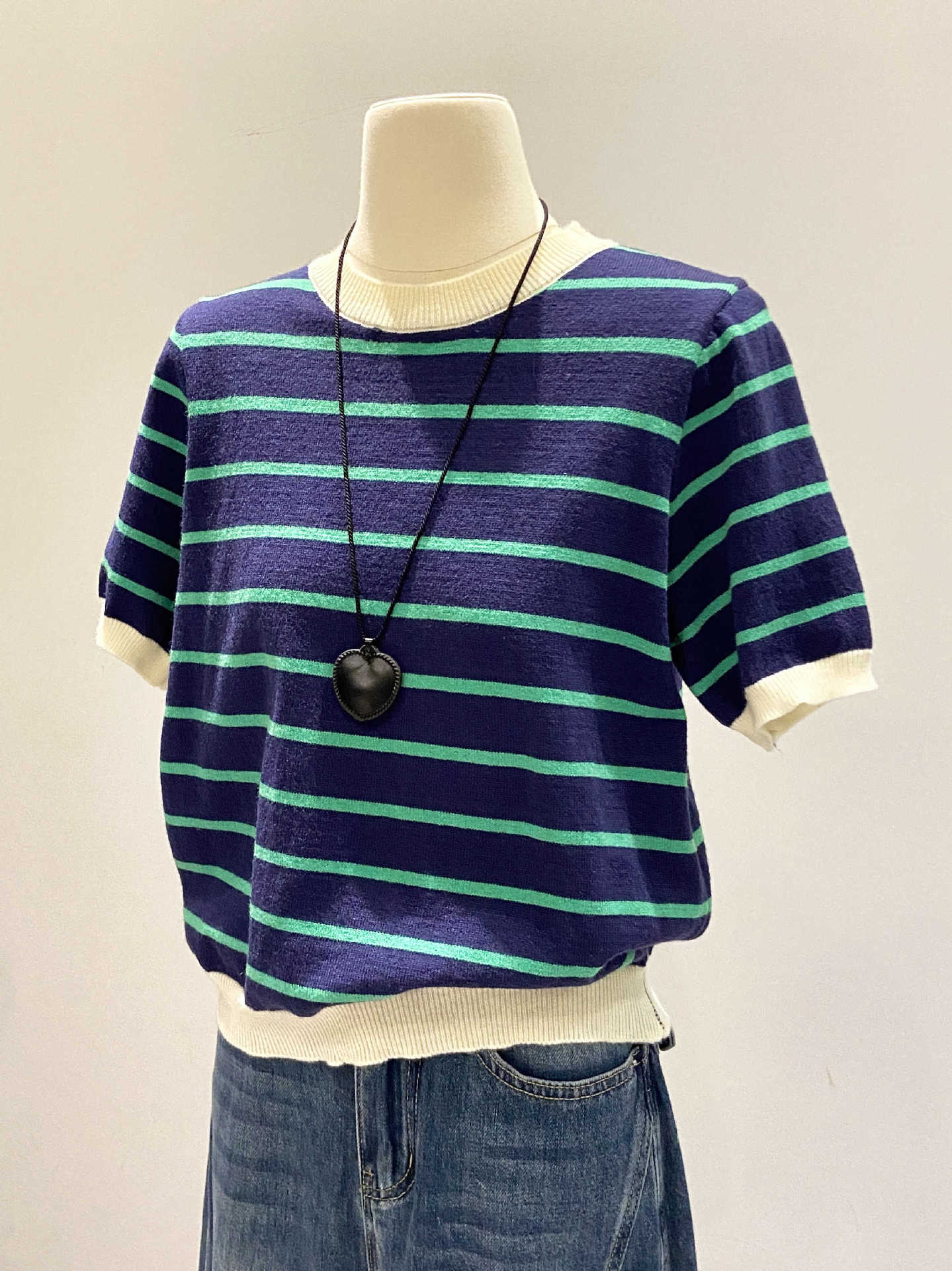Contrasting Striped Knitted Sweater Short Sleeve Women s Summer Front Shoulder Casual Premium Inside Top British Bottom T-Shirt S