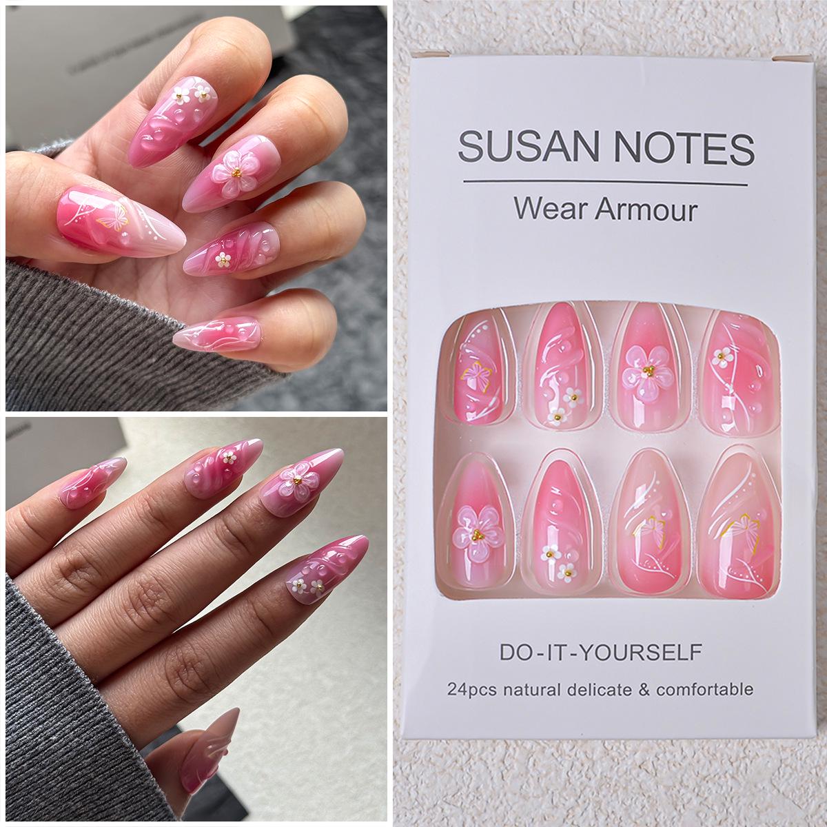 3D Glue Drip Flower Nail Art: 24 Skin-Brightening, Light Luxury Almond-Shaped Wearable Fake Nails