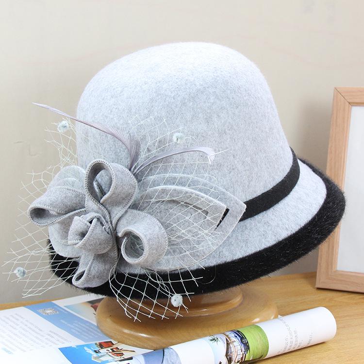 

Британская цилиндр женская осенне-зимняя шерстяная сетчатая шляпа-котелок с листьями и цветами, ретро-фетровая шляпа светской львицы Adjustable