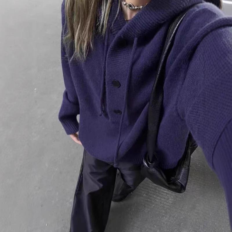 Autumn and Winter New Retro Hooded Knitted Sweater Women's Solid Color Casual Loose Lazy Wind Long Sleeve Pullover Sweater Thick