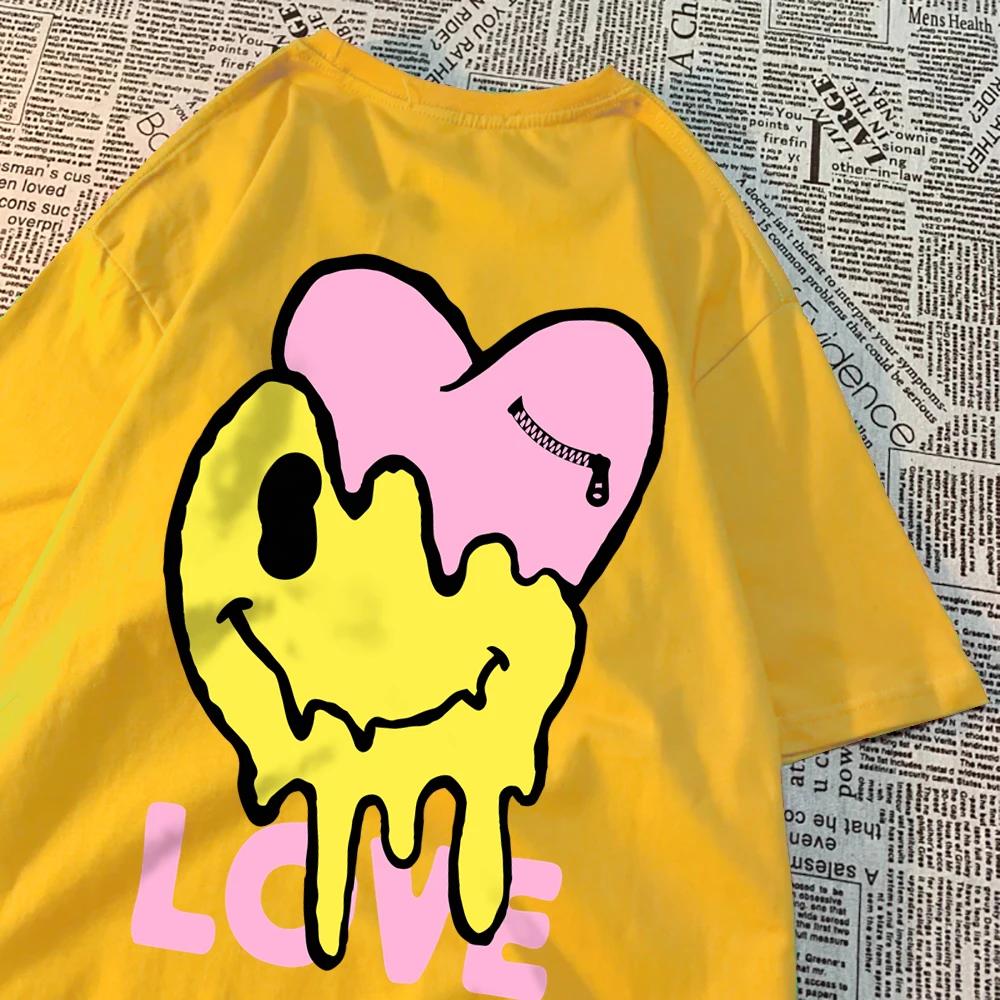 Melting Happy Face And Hurting Heart T-Shirts Couple Breathable O-Neck Tshirt Loose Clothes Oversized Summer T-Shirts Cotton Tee