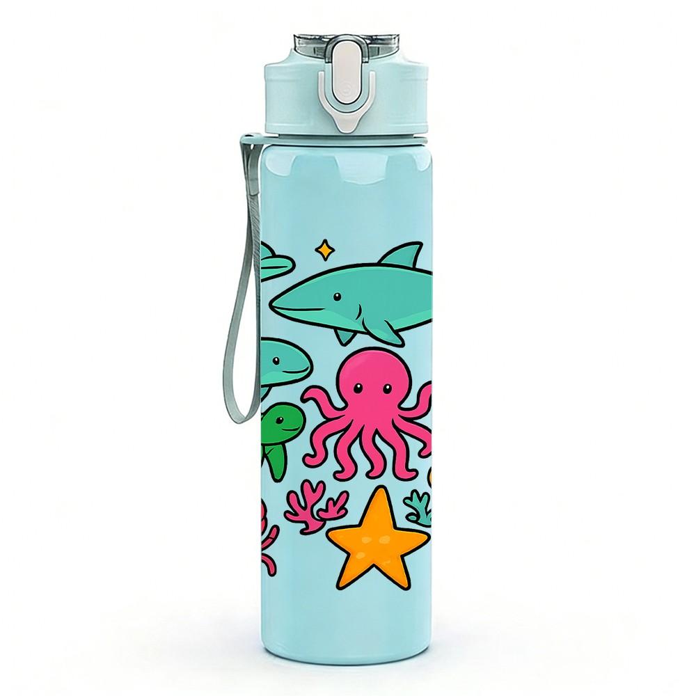 1PC Ocean Sea Creature Group 750ml Color Plastic Sports Water Bottle Leakproof Flip Straw Lid Suitable for Sports Office Home Use