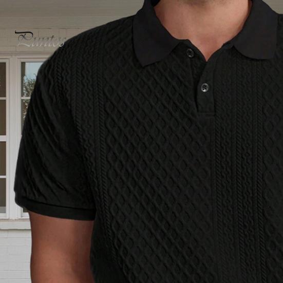 Men Tops Lapel Short Sleeve Solid Color Tee Shirt with Jacquard Decoration Jacquard Fabric Solid Color Tops