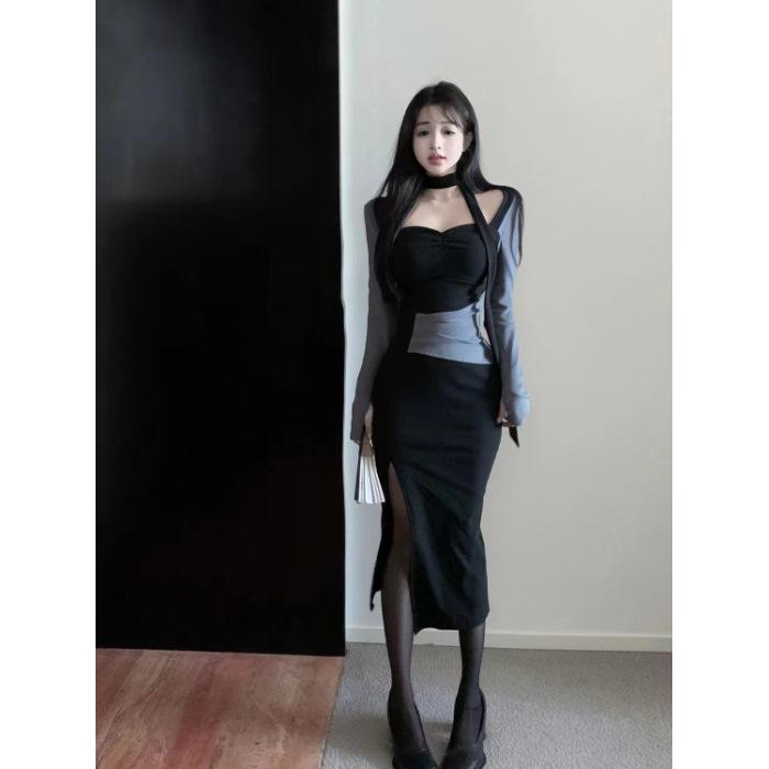 

Spice Girl Pure Desire Square Neck Split Dress Autumn New Women s Clothing Waist Splicing Hip Wrap Medium and Long Dress S чёрный