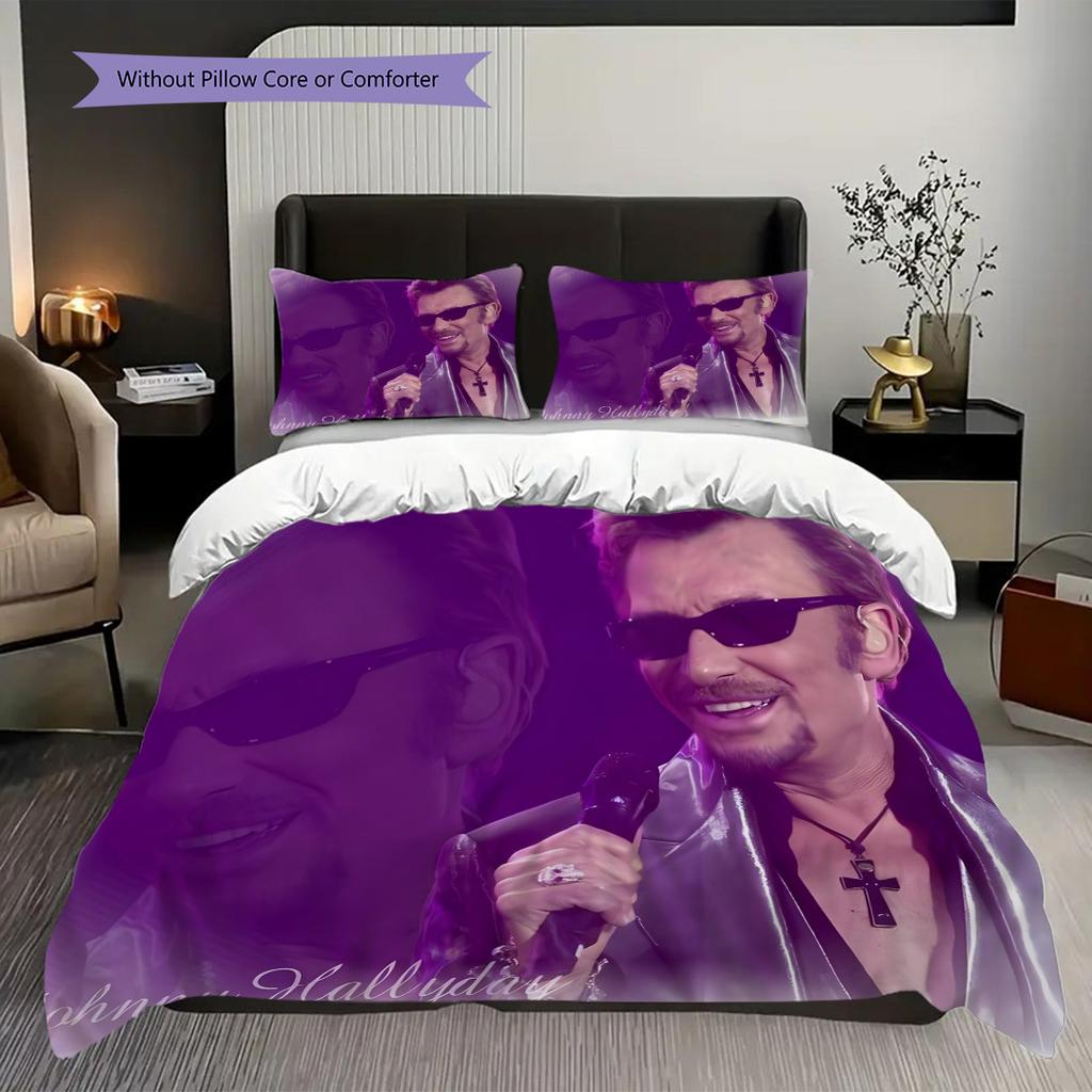 Johnny Hallyday Leben Tod Bettwäsche (1 Bettbezug + 2 Kissenbezüge, ohne Füllung) 2D flaches Weihnachts-Geburtstagsgeschenk Bettbezug und Kissenbezug