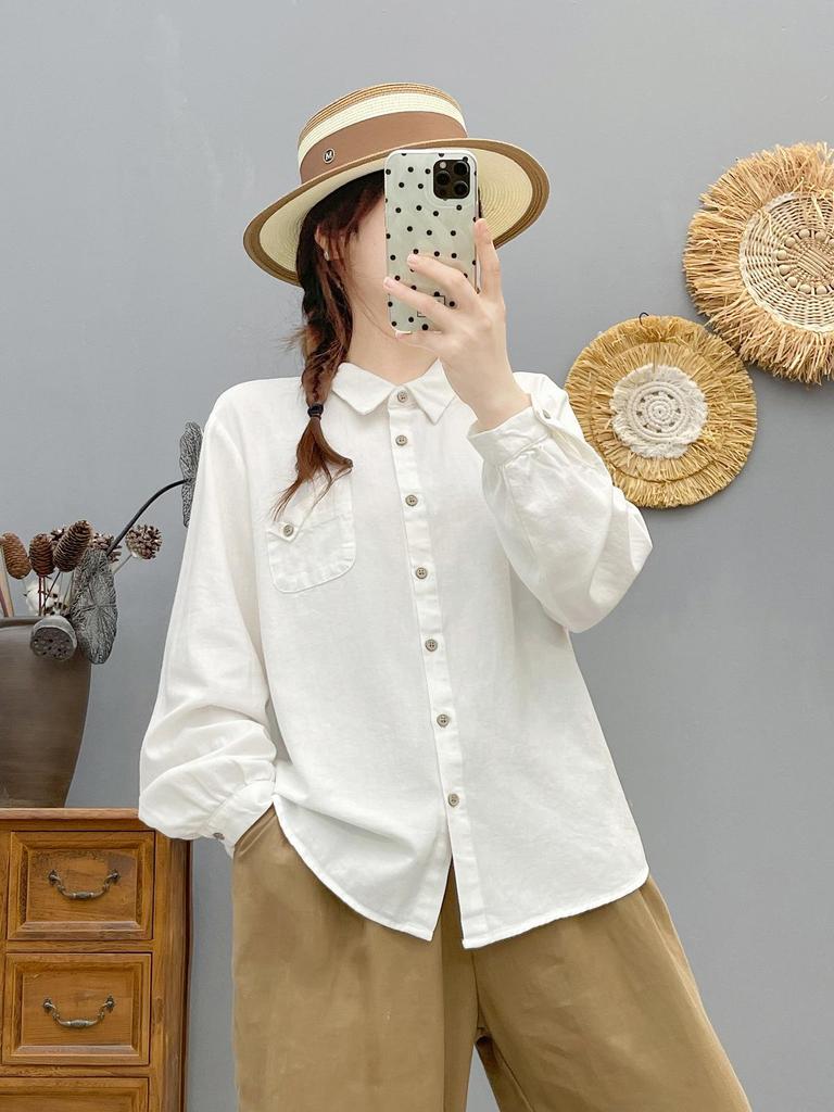 2026 Spring Women's Solid Color Slim Fit Long-Sleeve Single-Breasted Brushed Pocket Shirt